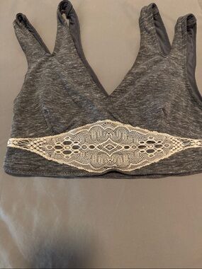 Gray Lace-Trim Bralette with Cream Crochet Detail